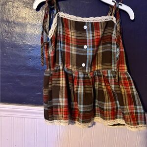 💙Plaid  Top with Lace Trim